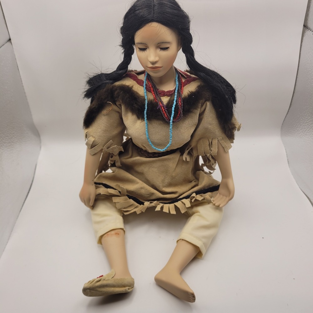 Vintage Porcelain Native American Style Girl Doll Faux Fur Fringe Beaded 12in